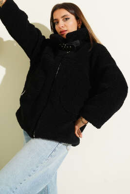 Yaka Kemerli Fermuarlı Peluş Mont Siyah - ENTER TEKSTİL
