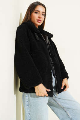 Yaka Kemerli Fermuarlı Peluş Mont Siyah - Kadın Giyim Modelleri