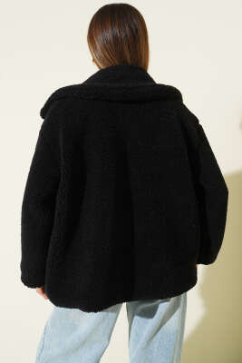 Yaka Kemerli Fermuarlı Peluş Mont Siyah - Kadın Giyim Modelleri