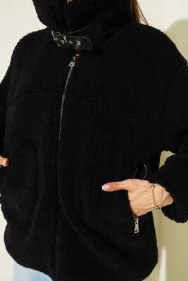 Yaka Kemerli Fermuarlı Peluş Mont Siyah - Kadın Giyim Modelleri
