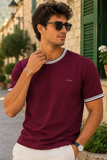 Yaka Kol Ribanalı Loyşa Erkek T-shirt Bordo - Erkek T-shirt