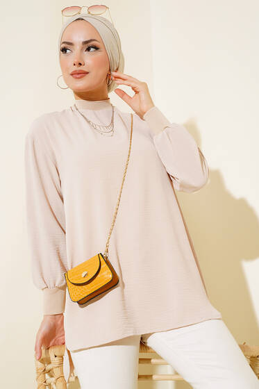 Yaka Kol Ribanalı Tunik Bej - Tunik