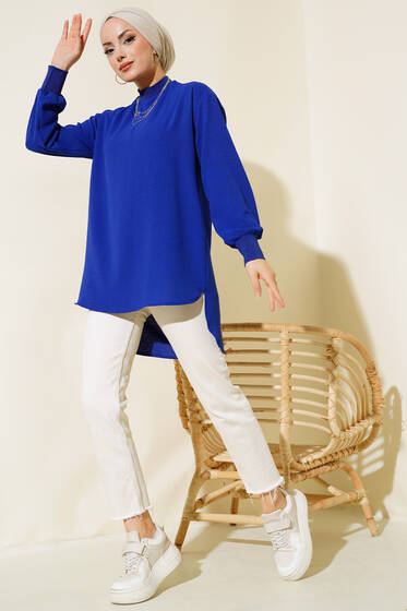 Yaka Kol Ribanalı Tunik Saks - Tunik