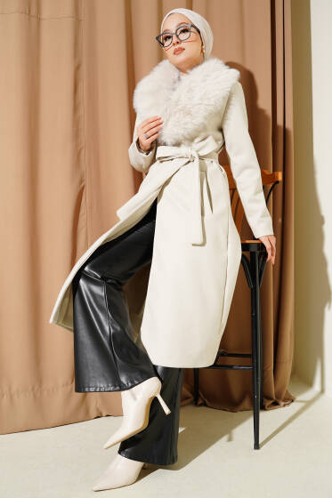 Yaka Kürk Detaylı Kaşe Kaban Bej - Kaban