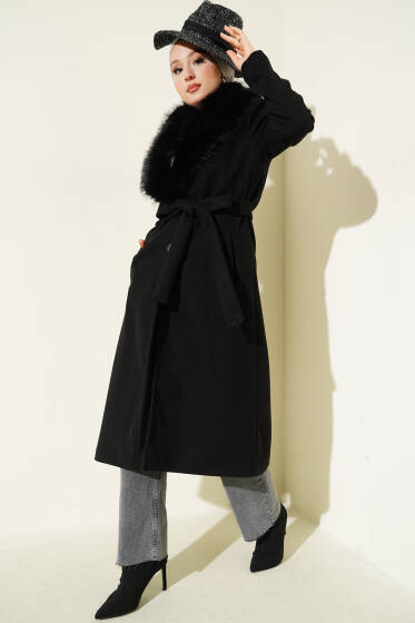 Yaka Kürk Detaylı Kaşe Kaban Siyah - Kaban