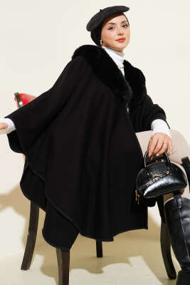 Yaka Kürk Detaylı Panço Siyah - Panço