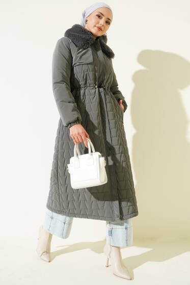 Yaka Kürklü Bel Tünelli Kapitone Uzun Mont Gri - Mont