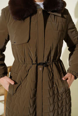 Yaka Kürklü Bel Tünelli Kapitone Uzun Mont Kahve - Mont