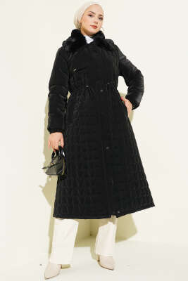 Yaka Kürklü Bel Tünelli Kapitone Uzun Mont Siyah - AYSEMA