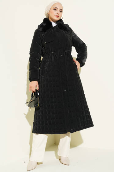 Yaka Kürklü Bel Tünelli Kapitone Uzun Mont Siyah - Mont