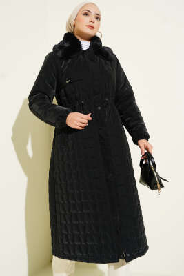 Yaka Kürklü Bel Tünelli Kapitone Uzun Mont Siyah - Mont