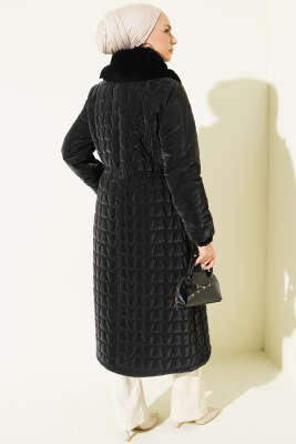 Yaka Kürklü Bel Tünelli Kapitone Uzun Mont Siyah - Mont