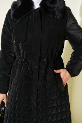 Yaka Kürklü Bel Tünelli Kapitone Uzun Mont Siyah - Mont