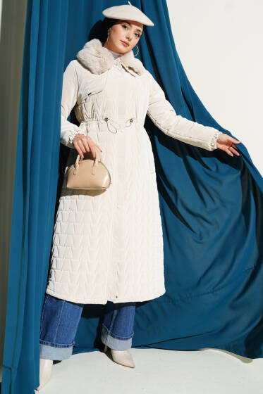 Yaka Kürklü Bel Tünelli Kapitone Uzun Mont Taş - Mont