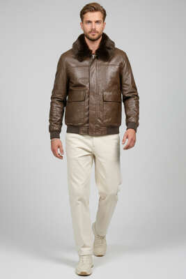 Yaka Kürklü Deri Erkek Ceket Kahve - Erkek Ceket