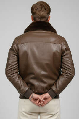 Yaka Kürklü Deri Erkek Ceket Kahve - Erkek Ceket