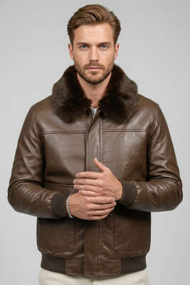 Yaka Kürklü Deri Erkek Ceket Kahve - ZAGO