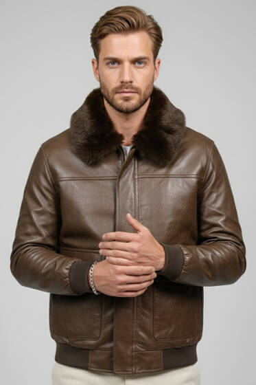 Yaka Kürklü Deri Erkek Ceket Kahve - Erkek Ceket
