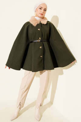 Yaka Kürklü Düğmeli Panço Haki - Panço
