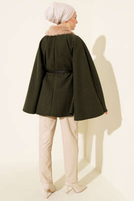 Yaka Kürklü Düğmeli Panço Haki - Panço