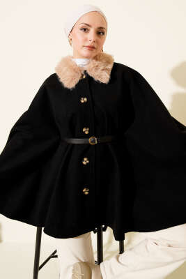 Yaka Kürklü Düğmeli Panço Siyah - BIGDART