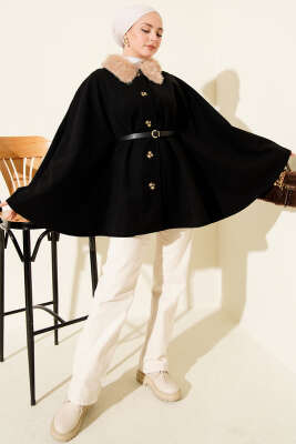 Yaka Kürklü Düğmeli Panço Siyah - Panço