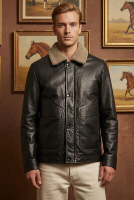 Yaka Kürklü Erkek Deri Mont Siyah - DYNAMO