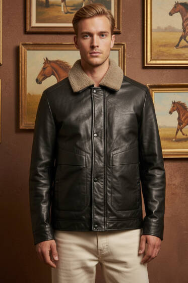 Yaka Kürklü Erkek Deri Mont Siyah - Erkek Mont