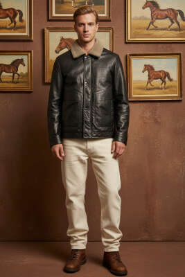 Yaka Kürklü Erkek Deri Mont Siyah - Erkek Mont