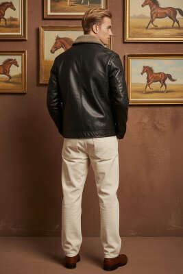 Yaka Kürklü Erkek Deri Mont Siyah - Erkek Mont