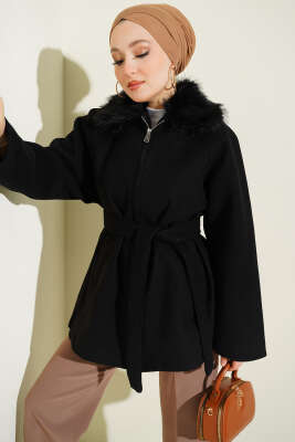 Yaka Kürklü Fermuarlı Kaban Siyah - MISRA