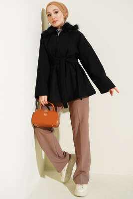 Yaka Kürklü Fermuarlı Kaban Siyah - Kaban