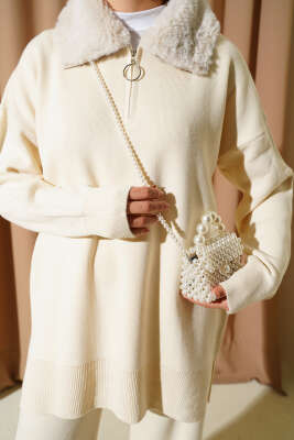 Yaka Kürklü Fermuarlı Triko İkili Takım Bej - İkili Takım