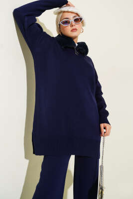 Yaka Kürklü Fermuarlı Triko İkili Takım Lacivert - İkili Takım