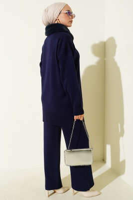 Yaka Kürklü Fermuarlı Triko İkili Takım Lacivert - İkili Takım