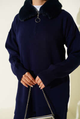 Yaka Kürklü Fermuarlı Triko İkili Takım Lacivert - İkili Takım