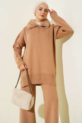 Yaka Kürklü Fermuarlı Triko İkili Takım Latte - İkili Takım