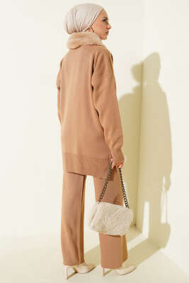 Yaka Kürklü Fermuarlı Triko İkili Takım Latte - İkili Takım