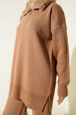 Yaka Kürklü Fermuarlı Triko İkili Takım Latte - İkili Takım