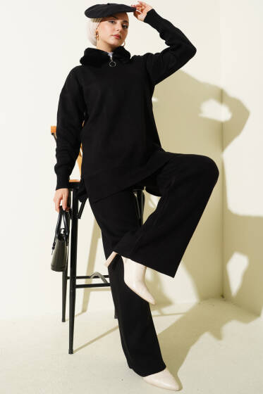 Yaka Kürklü Fermuarlı Triko İkili Takım Siyah - İkili Takım