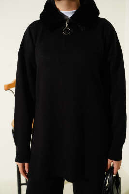 Yaka Kürklü Fermuarlı Triko İkili Takım Siyah - İkili Takım