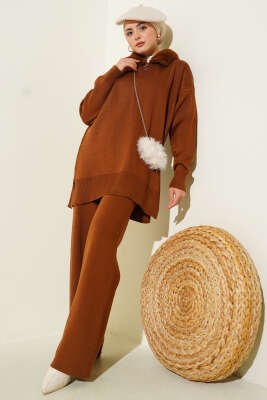 Yaka Kürklü Fermuarlı Triko İkili Takım Taba - İkili Takım