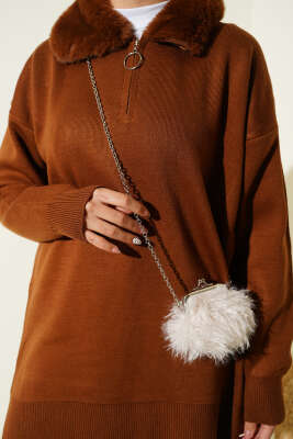 Yaka Kürklü Fermuarlı Triko İkili Takım Taba - İkili Takım