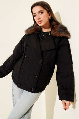 Yaka Kürklü Kapitone Mont Siyah - LEVURE