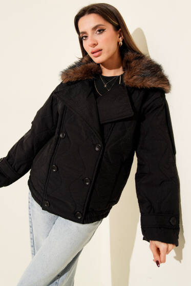 Yaka Kürklü Kapitone Mont Siyah - Kadın Giyim Modelleri