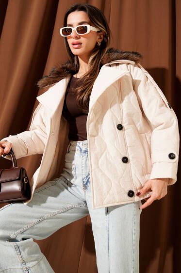 Yaka Kürklü Kapitone Mont Taş - Kadın Giyim Modelleri