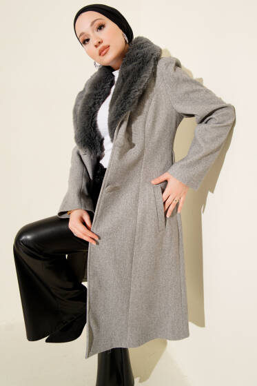 Yaka Kürklü Kaşe Kaban Gri - Kaban