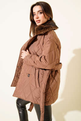 Yaka Kürklü Kuşaklı Baklava Desen Mont Kahve - Kadın Giyim Modelleri