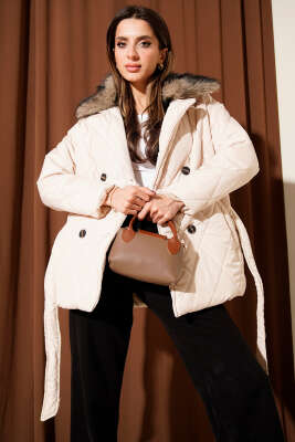 Yaka Kürklü Kuşaklı Baklava Desen Mont Taş - LEVURE