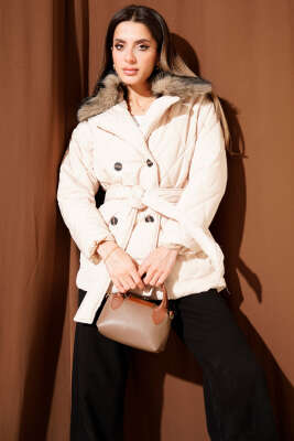 Yaka Kürklü Kuşaklı Baklava Desen Mont Taş - Kadın Giyim Modelleri